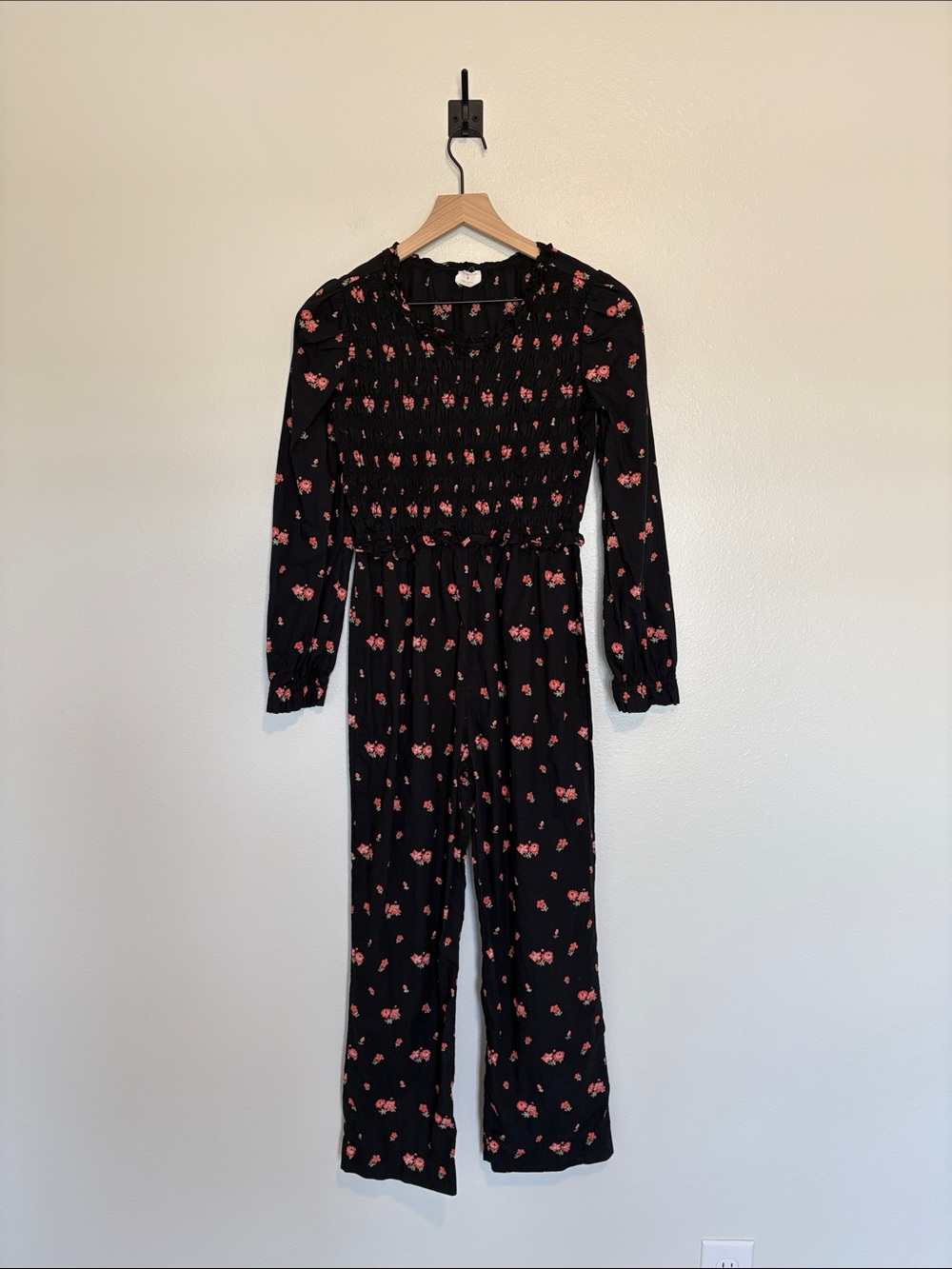 Girl's Crewcuts 100% Cotton Floral Poplin Smocked Wide Leg Jumpsuit Black 14